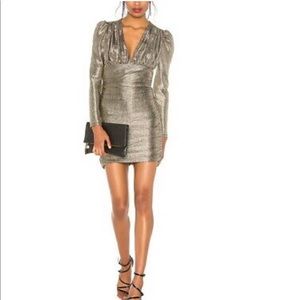 BCBGMaxazria Metallic Shirred Dress in Gold Combo. Size Small